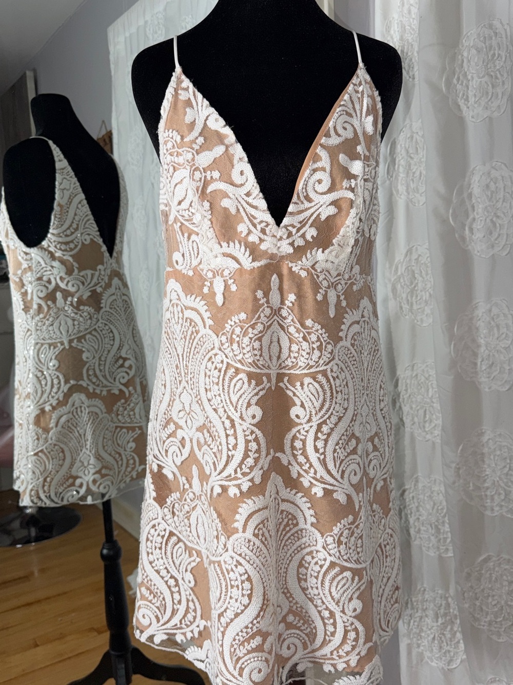 Free People Nude-Beige Slip Dress with White Lace Overlay